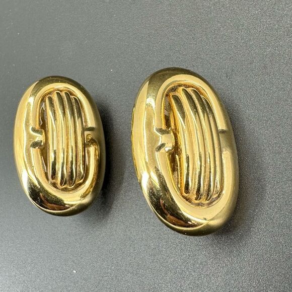 Vintage Givenchy Clip - On Earrings Chunky Gold Plated Art Deco - Picture 1 of 8